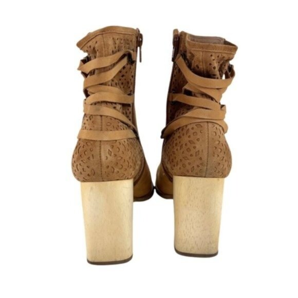 Miss Albright Suede Laser Cut Strappy Ankle Booties Wooden Heel - Picture 8 of 10